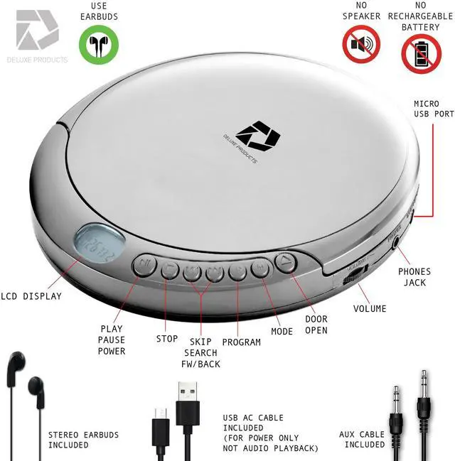 Alt view image 7 of 7 - CD Player Portable with 60 Second Anti Skip, Stereo Earbuds, Includes Aux in Cable and AC USB Power Cable for use at Home or in Car. Silver