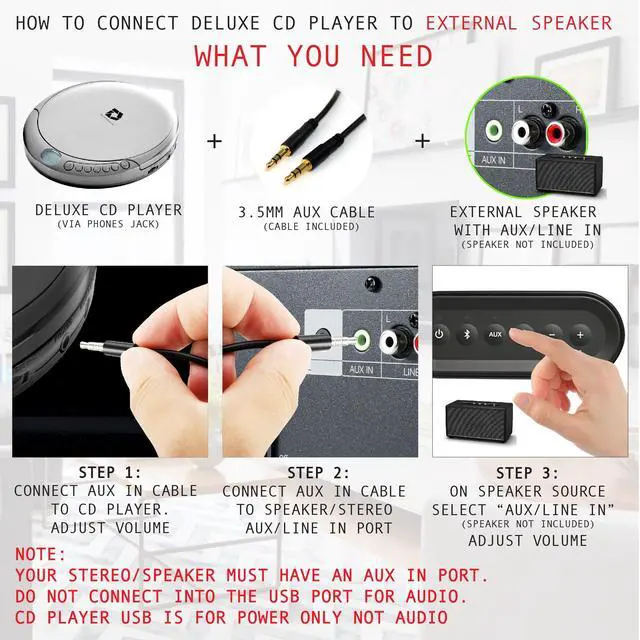 Alt view image 4 of 7 - CD Player Portable with 60 Second Anti Skip, Stereo Earbuds, Includes Aux in Cable and AC USB Power Cable for use at Home or in Car. Silver
