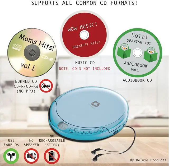 Alt view image 2 of 7 - CD Player Portable with 60 Second Anti Skip, Stereo Earbuds, Includes Aux in Cable and AC USB Power Cable for use at Home or in Car. Blue