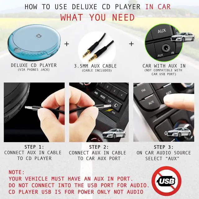 Alt view image 3 of 7 - CD Player Portable with 60 Second Anti Skip, Stereo Earbuds, Includes Aux in Cable and AC USB Power Cable for use at Home or in Car. Blue