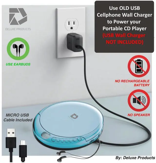 Alt view image 5 of 7 - CD Player Portable with 60 Second Anti Skip, Stereo Earbuds, Includes Aux in Cable and AC USB Power Cable for use at Home or in Car. Blue