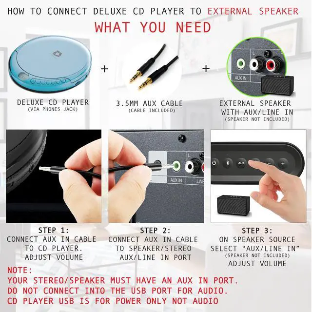 Alt view image 4 of 7 - CD Player Portable with 60 Second Anti Skip, Stereo Earbuds, Includes Aux in Cable and AC USB Power Cable for use at Home or in Car. Blue