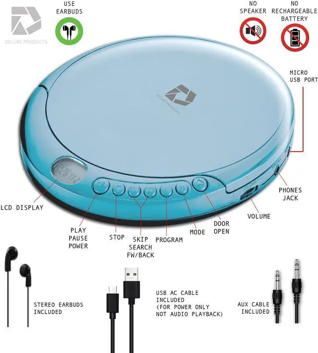 Alt view image 7 of 7 - CD Player Portable with 60 Second Anti Skip, Stereo Earbuds, Includes Aux in Cable and AC USB Power Cable for use at Home or in Car. Blue