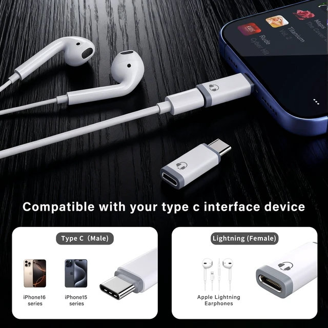 Alt view image 3 of 7 - Type-C to Lightning Audio Adapter for iPhone 15-17, White Keep using MFi Lightning earphones on USB-C devices. Audio & mic only. No charging/data. For iPhone 15/16/17, iPad Pro, Mac
