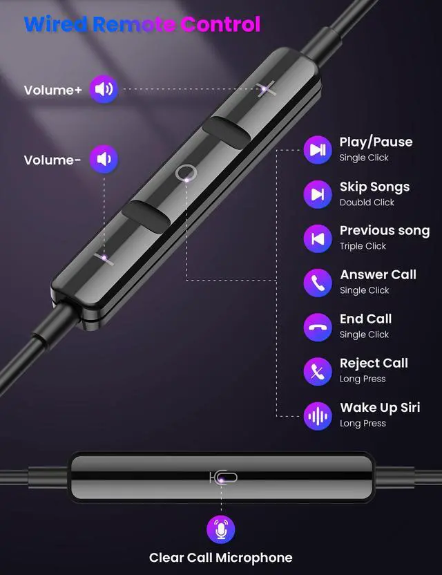 Alt view image 7 of 7 - Design for Apple MFi-Certified Wired Earbuds for Lightning Headphones Magnetic Wire Earphones Corded with Microphone Volume Control for iPhone 14 Plus 13 Pro Max 12 Mini 11 10 XS XR Purple