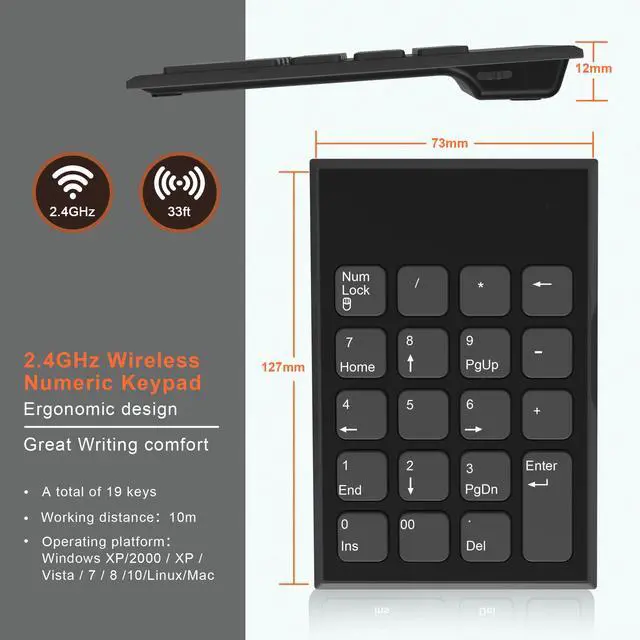 Alt view image 4 of 6 - Wireless Number Pad and Mouse, 19 Keys Portable Ultra Slim 2.4GHz 10 Key USB Keypad and 3 Adjustable DPI Silent Mouse Set for Laptop, Notebook, Desktop, PC Computer - Use One USB Receiver