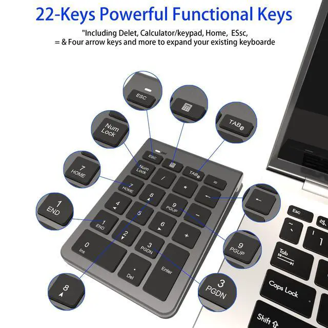 Alt view image 2 of 7 - Bluetooth Number Pad, Wireless Numeric Keypad with 22 Keys - Portable Numpad for Laptop/Desktop/MacBook/Surface Pro/Windows/Android/iOS - Quiet Keys 33ft Range & Ergonomic Design