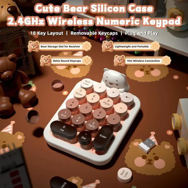 Alt view image 2 of 7 - Cute Wireless Numeric Keypad with Silicon Bear,18-Key Colorful Round Keycaps,Ergonomic,2.4GHz Wireless Connection,Portable Financial Accounting Numpad Membrane Keyboard for PC,Laptop(Milk Tea)