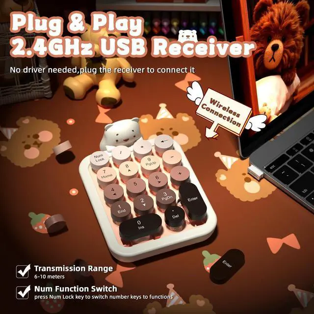 Alt view image 5 of 7 - Cute Wireless Numeric Keypad with Silicon Bear,18-Key Colorful Round Keycaps,Ergonomic,2.4GHz Wireless Connection,Portable Financial Accounting Numpad Membrane Keyboard for PC,Laptop(Milk Tea)