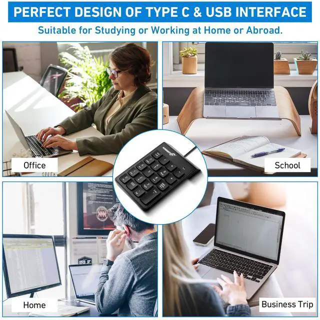 Alt view image 6 of 7 - Type C Number Pad, USB Numeric Keypad 19 Keys Plug & Play Financial Accounting Numpad Office Home Portable Mini Keypad Slim Number Keyboard for Laptop Phone PC Tablet Notebook (Black)