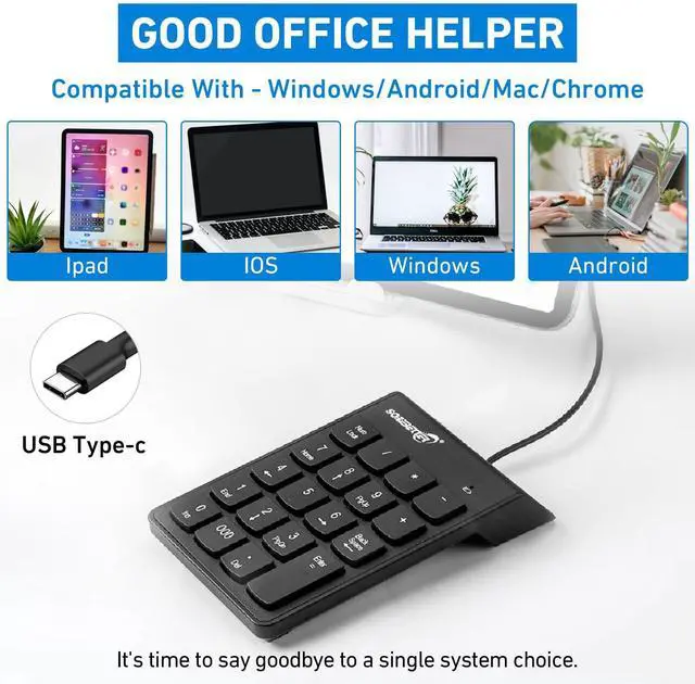 Alt view image 4 of 7 - Type C Number Pad, USB Numeric Keypad 19 Keys Plug & Play Financial Accounting Numpad Office Home Portable Mini Keypad Slim Number Keyboard for Laptop Phone PC Tablet Notebook (Black)