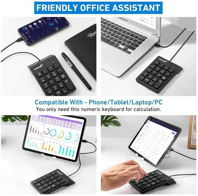 Alt view image 5 of 7 - Type C Number Pad, USB Numeric Keypad 19 Keys Plug & Play Financial Accounting Numpad Office Home Portable Mini Keypad Slim Number Keyboard for Laptop Phone PC Tablet Notebook (Black)