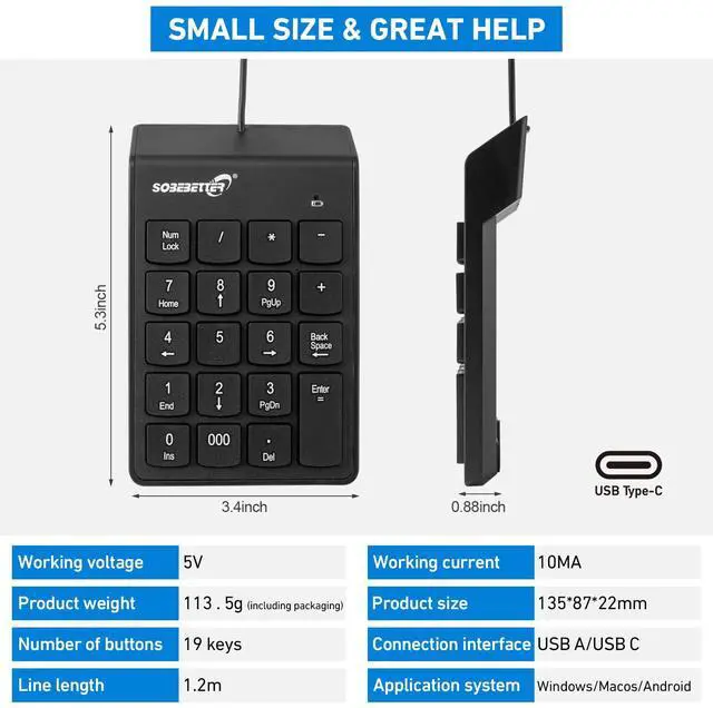 Alt view image 2 of 7 - Type C Number Pad, USB Numeric Keypad 19 Keys Plug & Play Financial Accounting Numpad Office Home Portable Mini Keypad Slim Number Keyboard for Laptop Phone PC Tablet Notebook (Black)