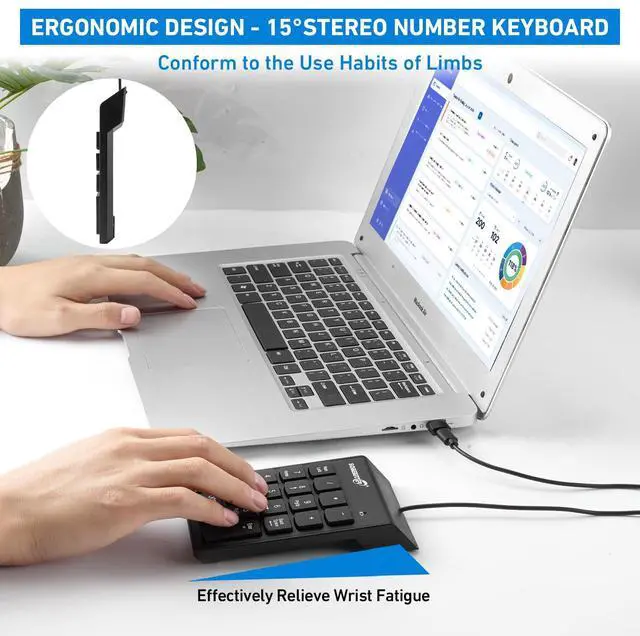 Alt view image 7 of 7 - Type C Number Pad, USB Numeric Keypad 19 Keys Plug & Play Financial Accounting Numpad Office Home Portable Mini Keypad Slim Number Keyboard for Laptop Phone PC Tablet Notebook (Black)