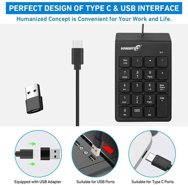 Alt view image 3 of 7 - Type C Number Pad, USB Numeric Keypad 19 Keys Plug & Play Financial Accounting Numpad Office Home Portable Mini Keypad Slim Number Keyboard for Laptop Phone PC Tablet Notebook (Black)