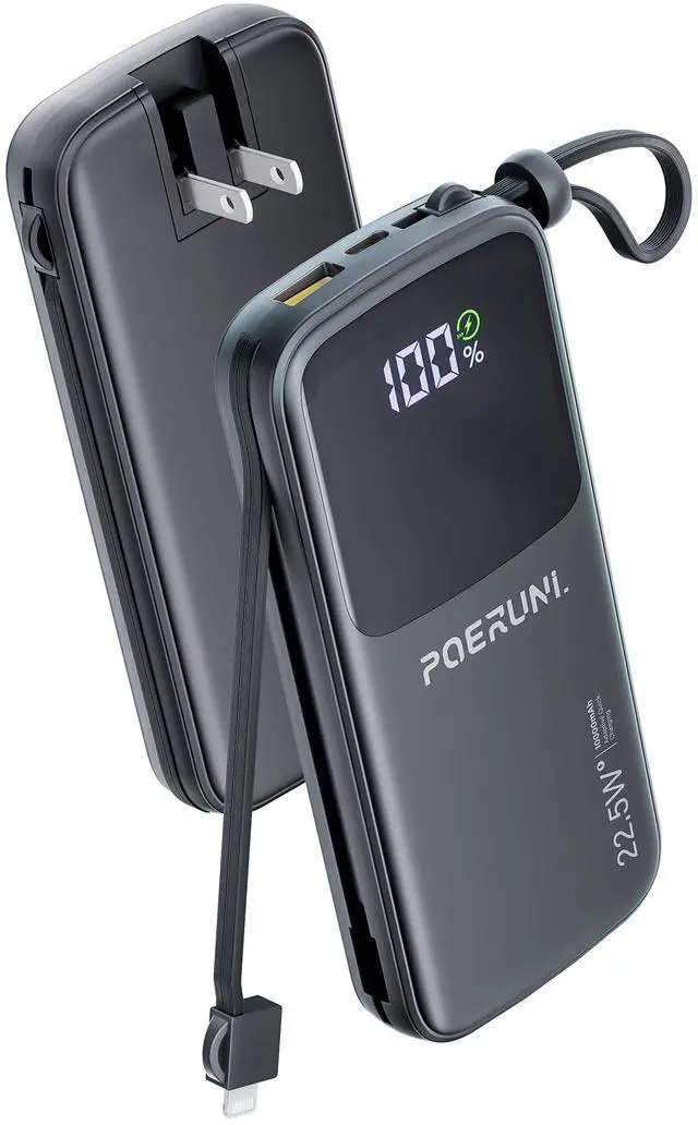 Main image of 10000mAh Portable Charger,Two Built-in Cables and AC Wall Plug Led Display.USB-C Fast Charging Compatible with iPhone,Samsung,and Android Smartphones,Power Bank with Travel.