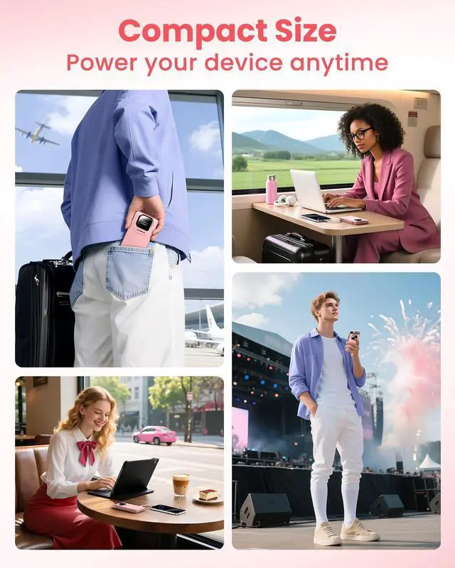 Alt view image 6 of 7 - Portable Charger Power Bank with Built-in Type C Cables, 22.5W Fast Charging 10000mAh Phone Charger, Travel Slim Battery Pack with LED Display for iPhone, Android & USB-C (Pink)