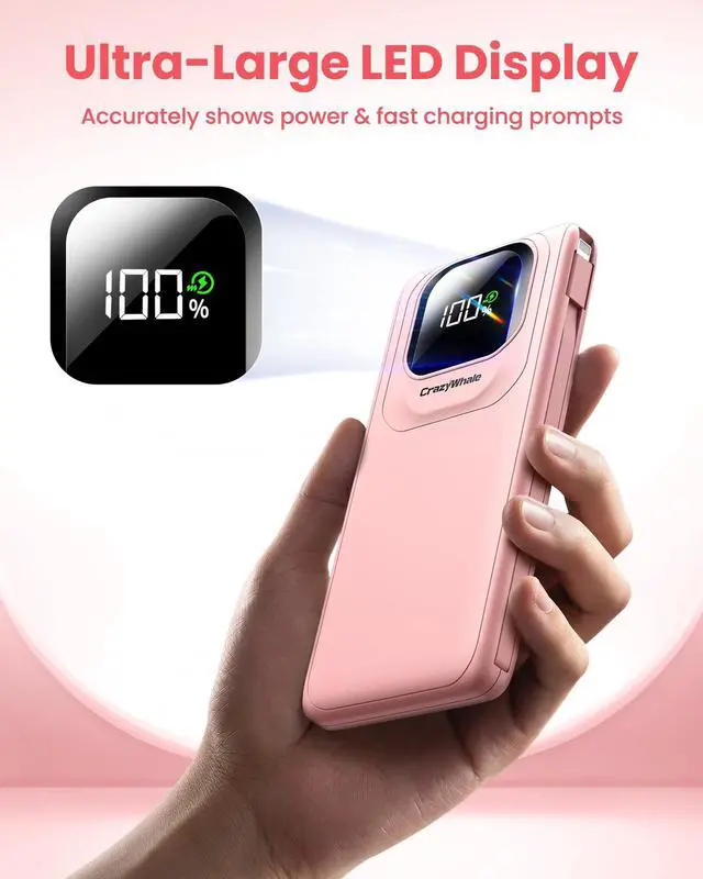 Alt view image 4 of 7 - Portable Charger Power Bank with Built-in Type C Cables, 22.5W Fast Charging 10000mAh Phone Charger, Travel Slim Battery Pack with LED Display for iPhone, Android & USB-C (Pink)