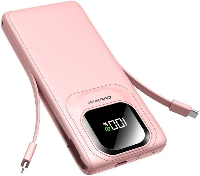 Main image of Portable Charger Power Bank with Built-in Type C Cables, 22.5W Fast Charging 10000mAh Phone Charger, Travel Slim Battery Pack with LED Display for iPhone, Android & USB-C (Pink)