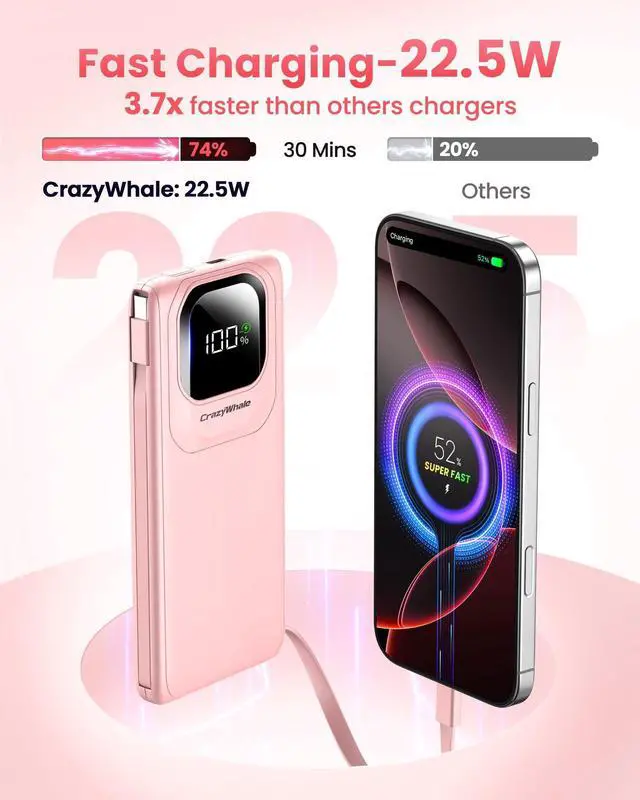 Alt view image 2 of 7 - Portable Charger Power Bank with Built-in Type C Cables, 22.5W Fast Charging 10000mAh Phone Charger, Travel Slim Battery Pack with LED Display for iPhone, Android & USB-C (Pink)