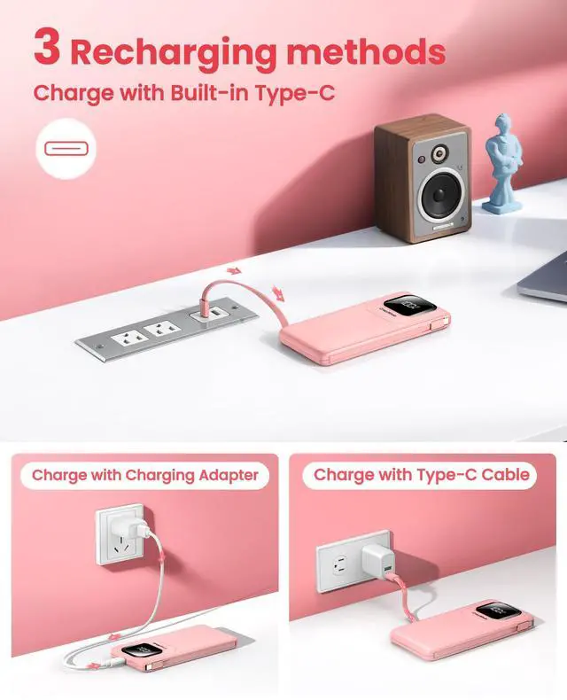 Alt view image 5 of 7 - Portable Charger Power Bank with Built-in Type C Cables, 22.5W Fast Charging 10000mAh Phone Charger, Travel Slim Battery Pack with LED Display for iPhone, Android & USB-C (Pink)