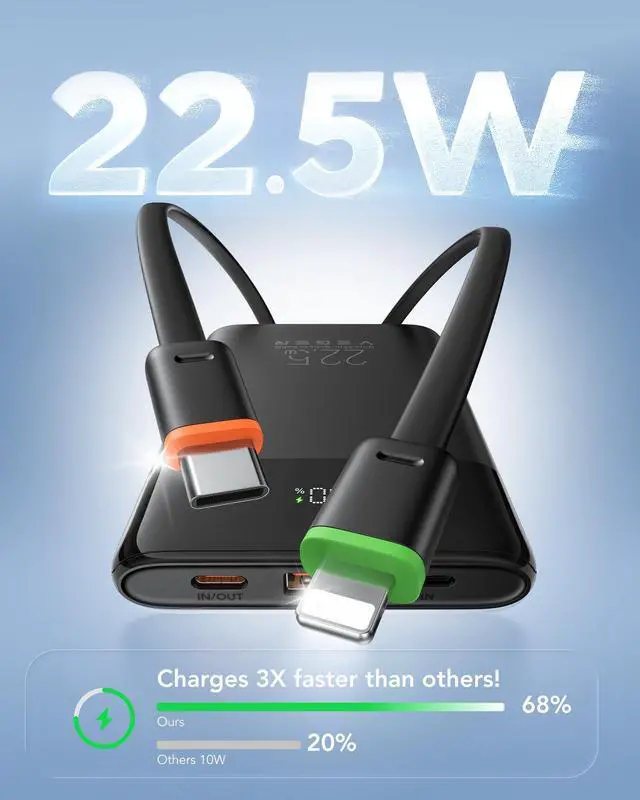 Alt view image 3 of 7 - Portable Charger, Ultra Slim 22.5W Fast Charging with Built in Cable, Flight-Safe 10000mAh USB C Power Bank Battery Pack, Travel Essential Phone Powerbank for iPhone 17 16 Samsung S25 Google etc