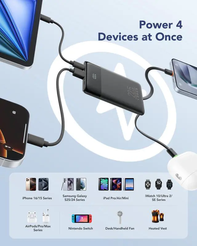 Alt view image 5 of 7 - Portable Charger, Ultra Slim 22.5W Fast Charging with Built in Cable, Flight-Safe 10000mAh USB C Power Bank Battery Pack, Travel Essential Phone Powerbank for iPhone 17 16 Samsung S25 Google etc
