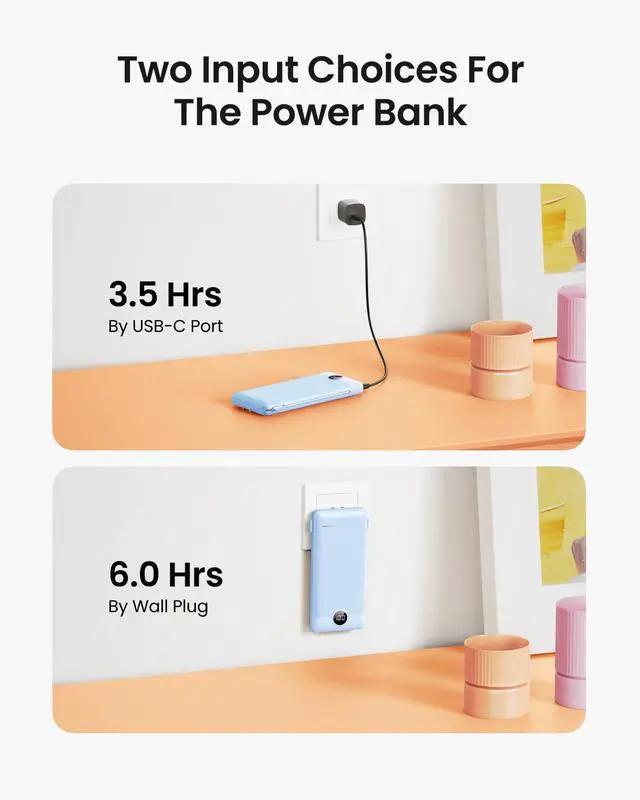 Alt view image 3 of 7 - Portable Charger Built-in Cables and Wall Plug, 10000mAh Slim USB C Power Bank, LED Display External Battery Pack Compatible with iPhone/Android & More (Blue)
