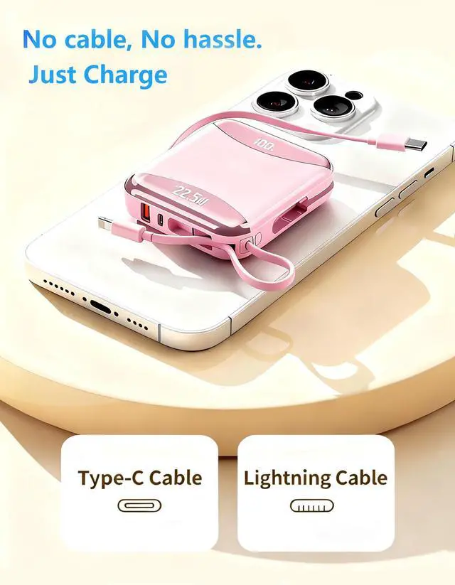 Alt view image 3 of 7 - 10000mAh Portable Charger with Built-in USB-C & Light-ning Cables, 22.5W Fast Charging Power Bank, Travel Battery Pack with LED Display for iPhone Samsung Android Flight Approved