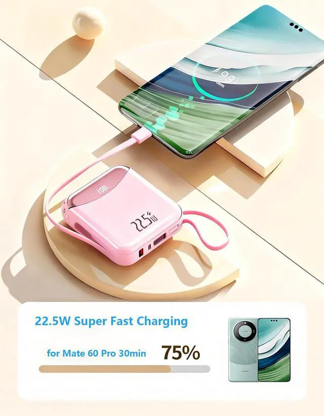 Alt view image 4 of 7 - 10000mAh Portable Charger with Built-in USB-C & Light-ning Cables, 22.5W Fast Charging Power Bank, Travel Battery Pack with LED Display for iPhone Samsung Android Flight Approved