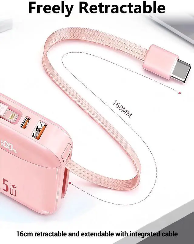 Alt view image 6 of 7 - 10000mAh Portable Charger with Built-in USB-C & Light-ning Cables, 22.5W Fast Charging Power Bank, Travel Battery Pack with LED Display for iPhone Samsung Android Flight Approved