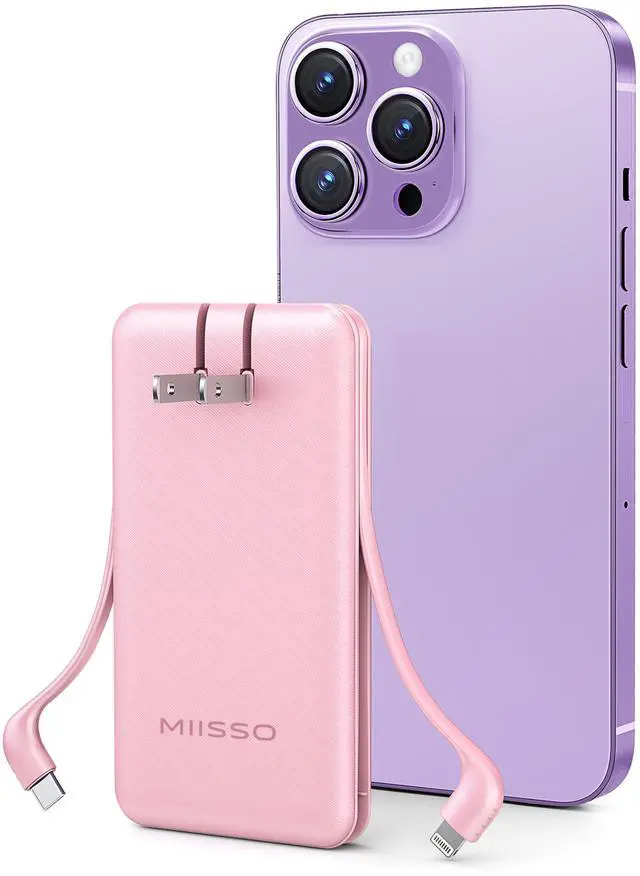 Main image of Ultra Slim 10000mAh Power Bank Built-in Cables and Foldable AC Wall Plug, Pocket Size USB C Portable Charger, External Battery Pack Compatible with iPhone Samsung, Pink