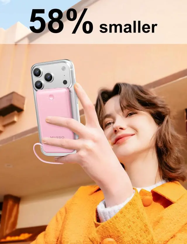 Alt view image 2 of 7 - Ultra Slim 10000mAh Power Bank Built-in Cables and Foldable AC Wall Plug, Pocket Size USB C Portable Charger, External Battery Pack Compatible with iPhone Samsung, Pink