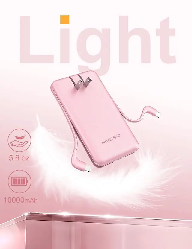 Alt view image 3 of 7 - Ultra Slim 10000mAh Power Bank Built-in Cables and Foldable AC Wall Plug, Pocket Size USB C Portable Charger, External Battery Pack Compatible with iPhone Samsung, Pink
