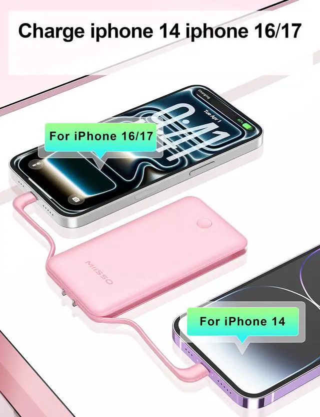 Alt view image 4 of 7 - Ultra Slim 10000mAh Power Bank Built-in Cables and Foldable AC Wall Plug, Pocket Size USB C Portable Charger, External Battery Pack Compatible with iPhone Samsung, Pink