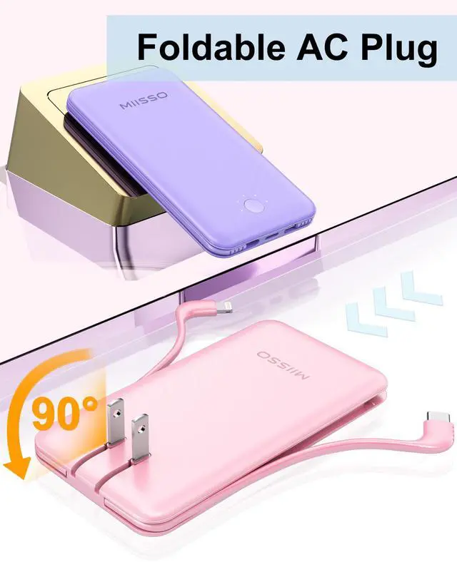 Alt view image 7 of 7 - Ultra Slim 10000mAh Power Bank Built-in Cables and Foldable AC Wall Plug, Pocket Size USB C Portable Charger, External Battery Pack Compatible with iPhone Samsung, Pink