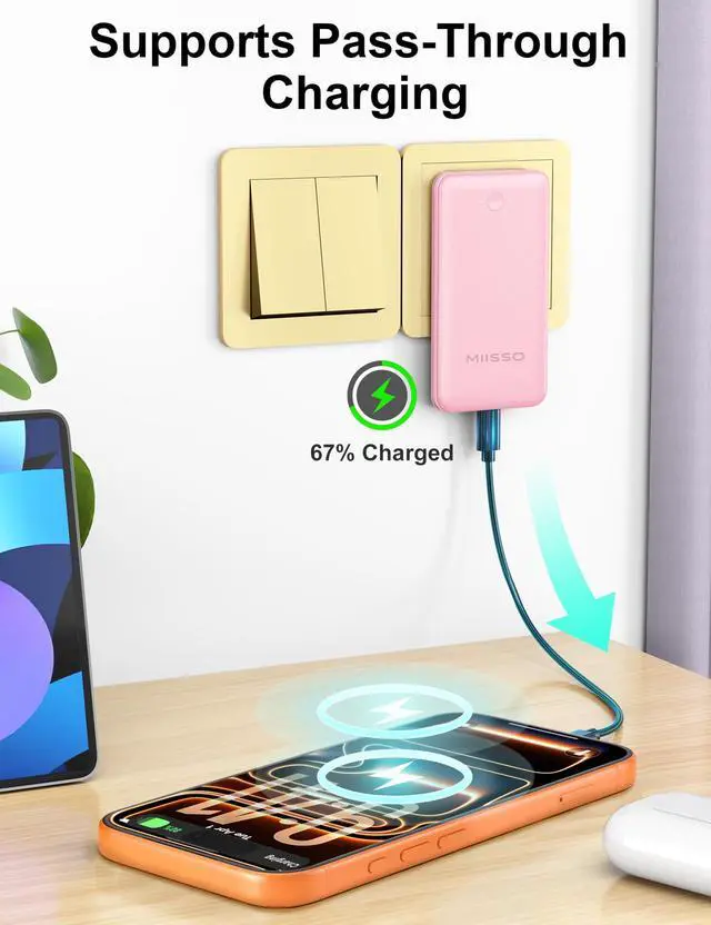 Alt view image 6 of 7 - Ultra Slim 10000mAh Power Bank Built-in Cables and Foldable AC Wall Plug, Pocket Size USB C Portable Charger, External Battery Pack Compatible with iPhone Samsung, Pink