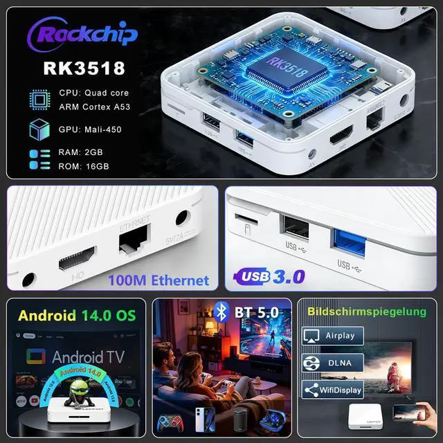 Alt view image 5 of 7 - Android 14.0 TV Box 2026, 2GB RAM + 16GB ROM, H313 4K Ultra HD Streaming Device for TV, Support Voice Remote, 2.4G & 5G WiFi 6, BT 5.4, 100M Ethernet, USB 3.0, RK3518 Quad-Core A53
