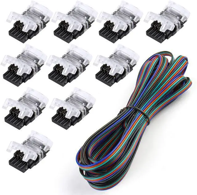 Main image of 10 Pack 4 Pin LED Connector for Waterproof 10mm RGB 5050 LED Strip Lights, Strip to Wire Quick Connection Without Stripping, Include UL Listed 16.4ft 22 Gauge 4 Conductor Extension Cable