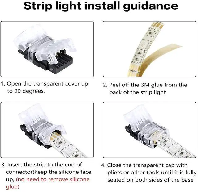 Alt view image 5 of 7 - 10 Pack 4 Pin LED Connector for Waterproof 10mm RGB 5050 LED Strip Lights, Strip to Wire Quick Connection Without Stripping, Include UL Listed 16.4ft 22 Gauge 4 Conductor Extension Cable