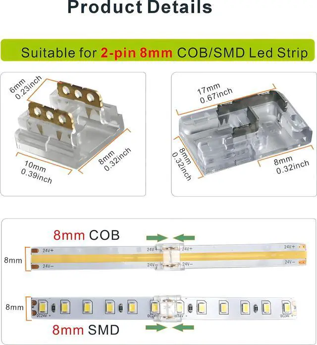 Alt view image 2 of 7 - 24Pcs 2Pin 8mm Straight & L Shape Led Strip connectors for 8mm Width COB/SMD Single Color Led Strip