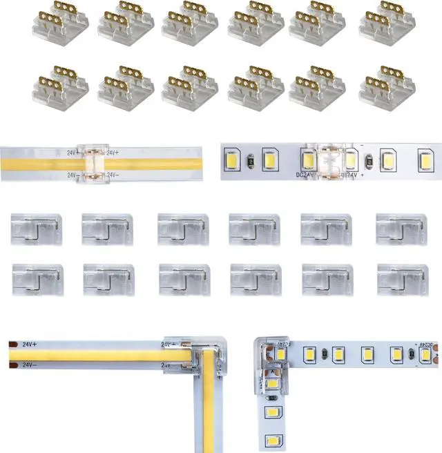 Main image of 24Pcs 2Pin 8mm Straight & L Shape Led Strip connectors for 8mm Width COB/SMD Single Color Led Strip