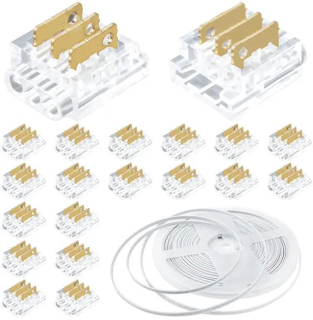 Main image of 3Pin 8mm Disposable LED Connector Kit 20Pcs 8mm 3Pin LED Strip to Wire Connector and 32.8FT/10M Extension Wire for 8mm Wide IP20 SMD LED Light Strip WS2811 WS2812B
