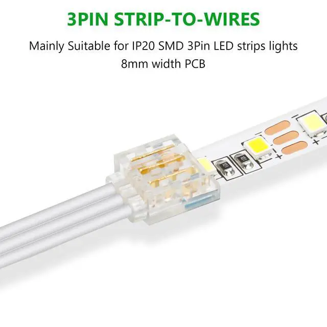 Alt view image 2 of 7 - 3Pin 8mm Disposable LED Connector Kit 20Pcs 8mm 3Pin LED Strip to Wire Connector and 32.8FT/10M Extension Wire for 8mm Wide IP20 SMD LED Light Strip WS2811 WS2812B