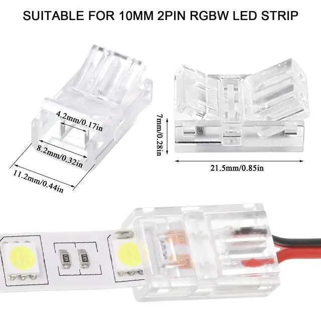 Alt view image 3 of 7 - 20 Pcs 2 Pin 8 mm LED Strip Connector RGB Lights Waterproof Adapter 22 Awg Wires Connector for Strip Light Unwired Gapless Track 5v 12v 24v