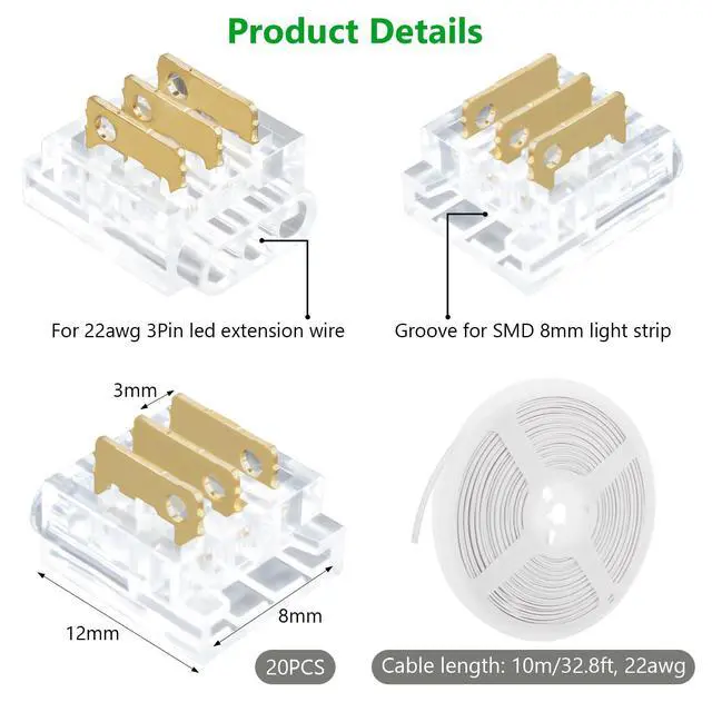 Alt view image 3 of 7 - 3Pin 8mm Disposable LED Connector Kit 20Pcs 8mm 3Pin LED Strip to Wire Connector and 32.8FT/10M Extension Wire for 8mm Wide IP20 SMD LED Light Strip WS2811 WS2812B
