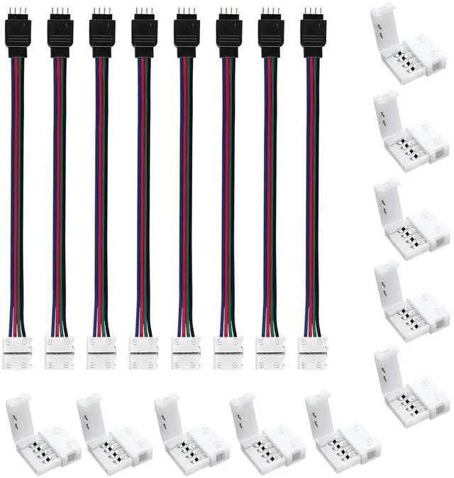 Main image of RGB 4 Pin 8mm LED Connectors kit, 10 Pack Solderless Connectors and 8pcck Conductor Strip to Power Adaptor Strip to Controller Jumper for 8mm Wide LED Lights Strip Tape