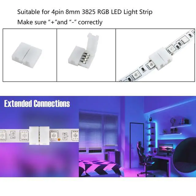 Alt view image 3 of 7 - RGB 4 Pin 8mm LED Connectors kit, 10 Pack Solderless Connectors and 8pcck Conductor Strip to Power Adaptor Strip to Controller Jumper for 8mm Wide LED Lights Strip Tape