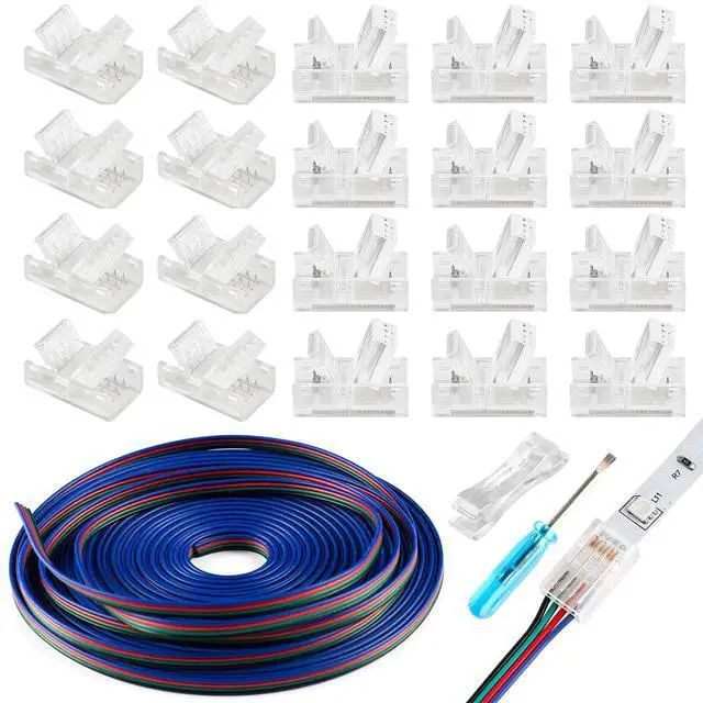 Main image of 20 Pack 4 Pin 10mm LED Strip Connectors Solderless with 16.4ft Extension Cable 4 Conductor for Waterproof or Non-Waterproof 10mm Wide 4 Pin RGB LED Strip Lights