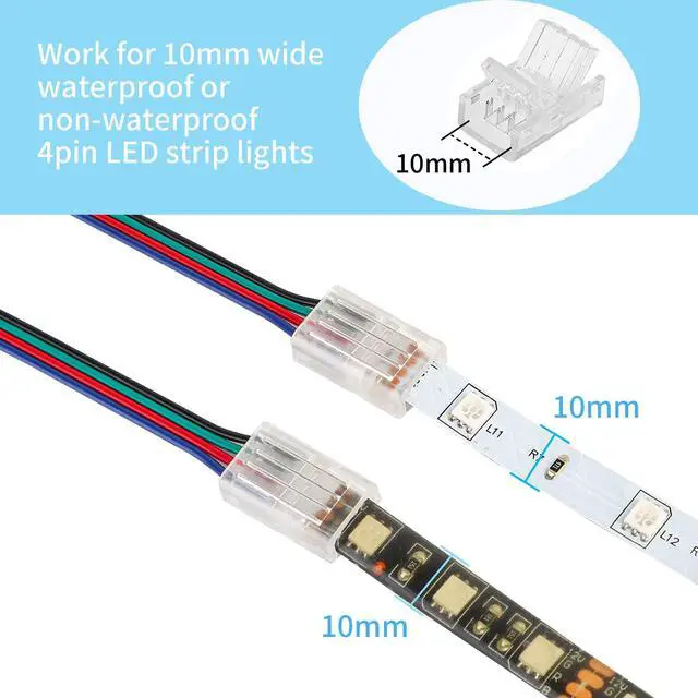 Alt view image 2 of 7 - 20 Pack 4 Pin 10mm LED Strip Connectors Solderless with 16.4ft Extension Cable 4 Conductor for Waterproof or Non-Waterproof 10mm Wide 4 Pin RGB LED Strip Lights